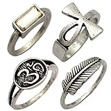 Q&Q Fashion 4Pcs Silver Egyptian Ankh Cross Buddhist Om Ohm Aum Feather Leaf Rhinestone Band Ring, 7