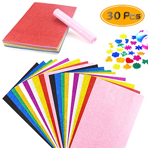 BcPowr 30PCS EVA Glitter Craft Foam Sheets, Foamie Sheets Rainbow Foam Handicraft Sheets Crafting Sponge For Arts DIY Projects, Classroom, Scrapbooking, Parties Thick & Soft Paper (10 Color, 12" x 8")