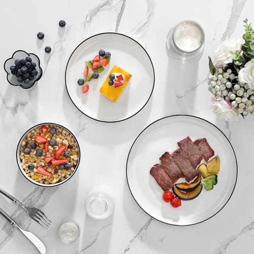 MALACASA LUNA Crockery Set for 6 People, 18-Piece White Porcelain Dinner Service with Black Rim, Modern Dinner Set with 6 Dinner Plates, Dessert Plates and Cereal Bowls