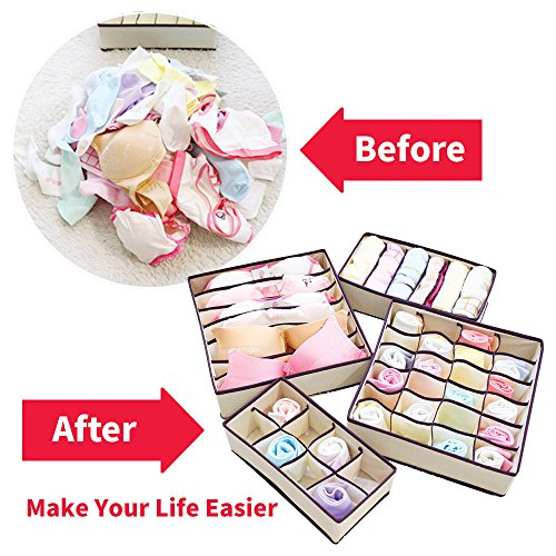 KIMIANDY Foldable Storage Boxes, Bra Organizer, Closet Underwear Organizer, Upgrade Sturdy Collapsible Drawer Divider for Socks Panties Bra Ties Clothing, Set of 4