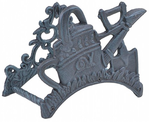 Garden Water Hose Holder Snail Watering Can & Shovel Verdigris Cast Iron Hanger Reel 9" Wide