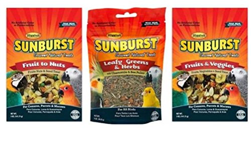 Higgins Sunburst Gourmet Natural Treats 3 Flavor Variety Sampler Bundle: (1) Fruit To Nuts, (1) Leafy Greens & Herbs, and (1) Fruits & Veggies, 1-5 Oz. Ea. (3 Bags Total)
