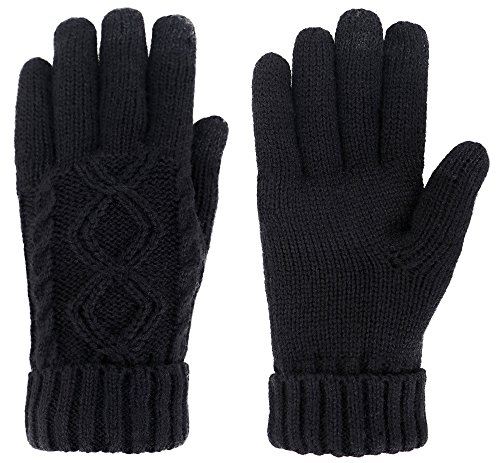 Women's Cable Knit 3 Finger Touchscreen Sensitive Winter Gloves,Black - Thumbnail 2
