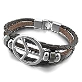 INBLUE Men,Women's Alloy Genuine Leather Bracelet Bangle Cord Brown Silver Steering Wheel Peace Symbol