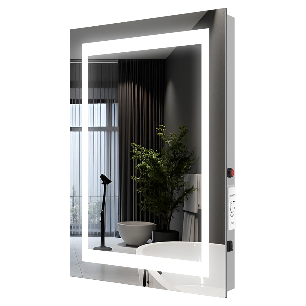 Quavikey® Bathroom Mirror with Lights and Shaver Socket, LED Illuminated Mirror with Defogger, LED Lighting for Makeup & Shaving, Grey Frame, Tempered Glass, Wall Mounted, Metal Aluminium, 50x70cm