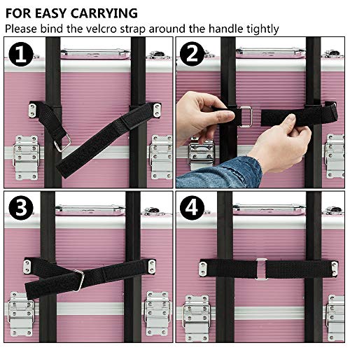 2 in 1 Rolling Makeup Train Case, Makeup Travel Organizer Cosmetic Case, Aluminum Cosmetology Display Suitcase on Wheels, Beauty Storage Luggage Lockable w/4 Removable Wheels (Pink) - Thumbnail 4