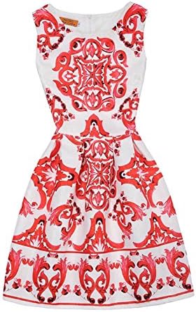 ZaH Big Girl's &amp; Mom's Parenting Summer Sleeveless Vintage Floral Party Dresses(7520/Red,8-9Y)