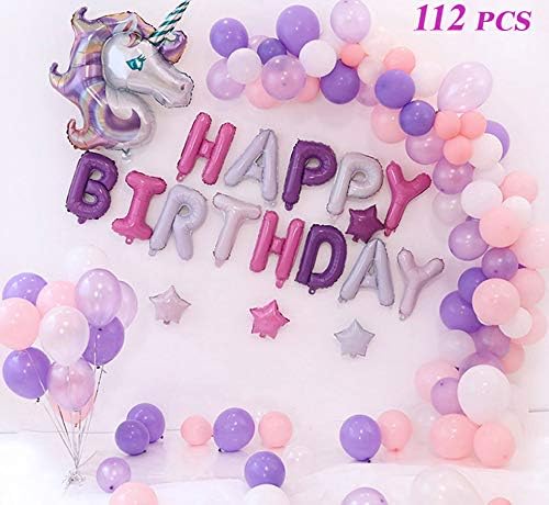 112pcs/Set - For a Little Princess | Baby Happy Birthday Party Decoration Sets Unicorn | Latex & Aluminum Film Balloon Kit | Strip for Balloon Garland Arch Kit
