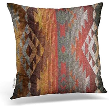 Emvency Square 16x16 Inches Decorative Pillowcase Aztec Navajo Orange Red Grey Tribal Linen Decor Throw Pillow Cover with Hidden Zipper for Bedroom Sofa