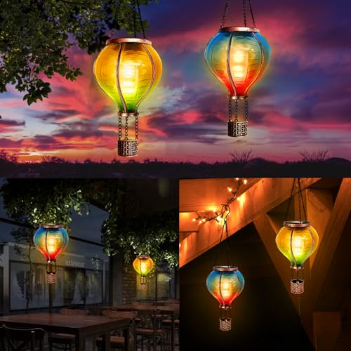 IEEILULU 2 x Solar Hot Air Balloons, Garden Decoration for Outdoor Use with Decorative Flame Effect, Lightzone Solar LED Hot Air Balloon, Solar Lantern for Outdoor Patio, Balcony, Stake Path, Lawn