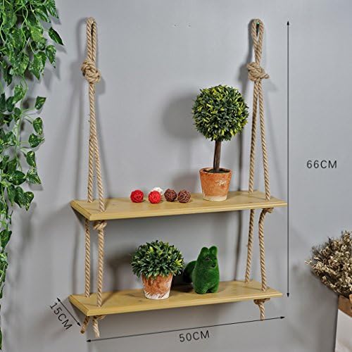 ZHEN GUO Rope Swing Floating Shelves Wood Shelf Wall Hanging, Hemp Rope Hang Up Display, Retro Storage Decor for Flower Pot, Photo Frame, Books, CD, Ornament, Decorations ( Color : Natural , Design : 2 Tiers )