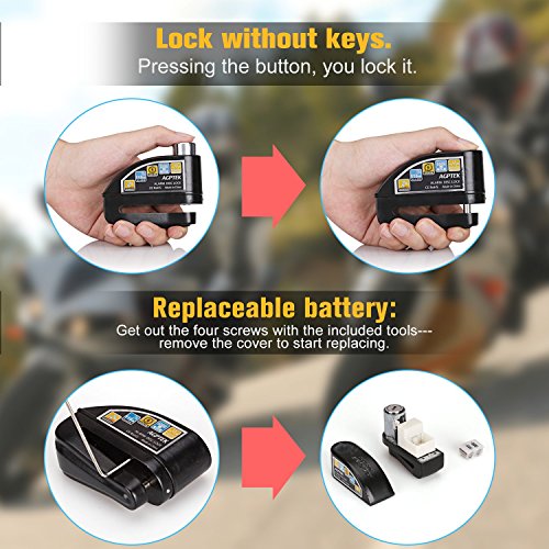 AGPTEK Disc Lock, Antitheft Steel Alarm Disk Brake Lock 110db 6mm Pin with 1.5m Reminder Cable for Motorcycles, Bikes and Scooters (Black with Reminder Cable)