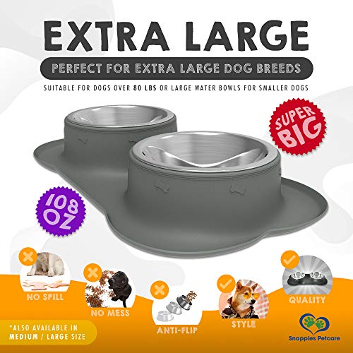 Large Dog Bowls & Mat Set Two Big 54oz (108oz Total) Removable Stainless Steel Bowl Set in a