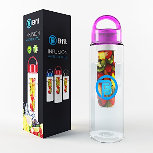Fruit Infuser Water Bottles by BFit with a Twist Off Lid For Straws| Summer is Coming! |BPA Free | Free E-Book with Recipes & Tips | Multiple Colors to Choose From | 24 oz
