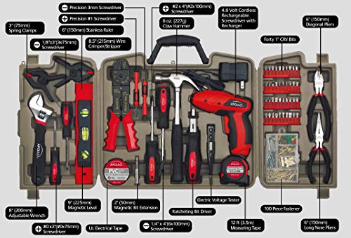 Apollo Tools DT0738 161 Piece Complete Household Tool Kit with 4.8 Volt Cordless Screwdriver and Most Useful Hand Tools and DIY accessories (Renewed)