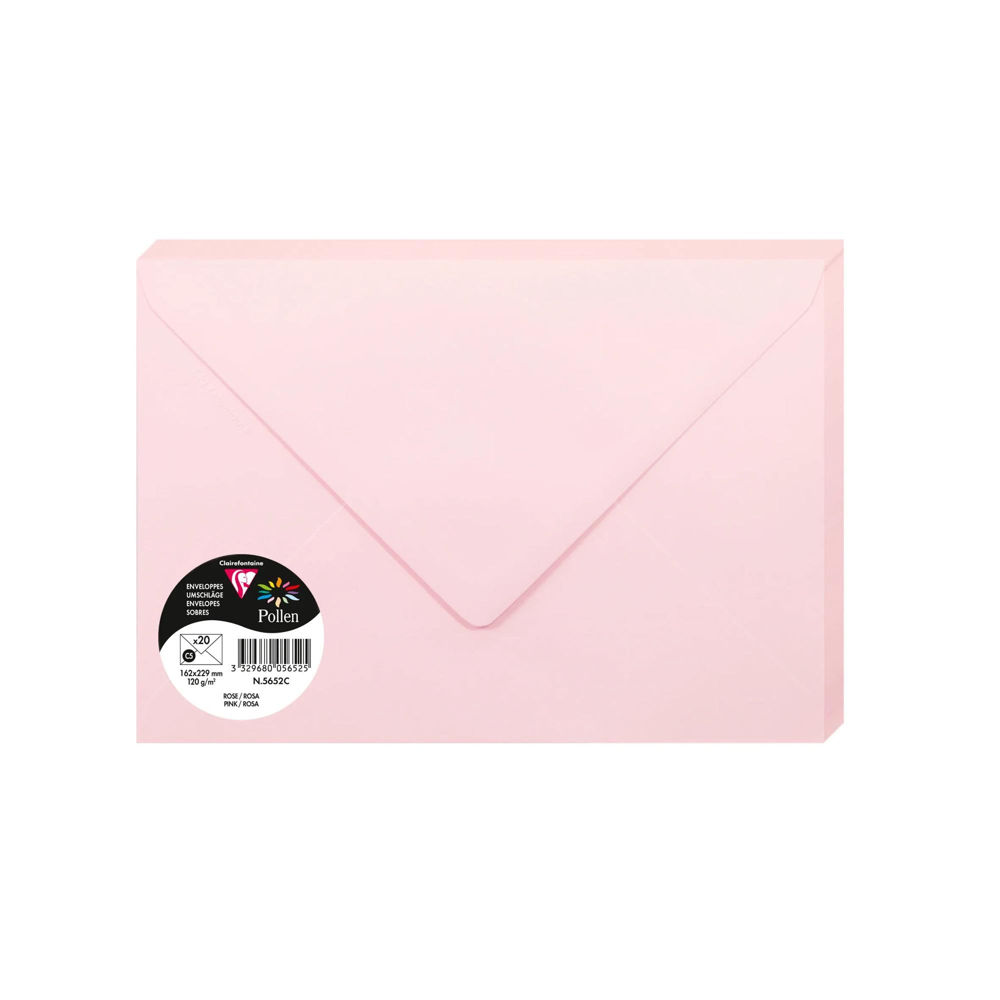 Clairefontaine 5652C Pack of 20 Gummed Envelopes Format C5 16,2x22,9cm 120gsm Pink Invitation Events and Correspondence Pollen Range - Premium Smooth Paper