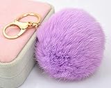 Minigianni Rabbit Fur Ball Pom Pom Keychain Gold Plated Keychain Pendant for Handbag Wallet Purse Car Key (Lilac)