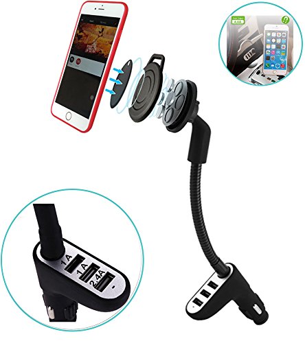 4.4A 3 USB Cigarette Car Phone Mount ,Cell Phone Holder for Car ,Goose neck Phone Holder for iPhone X 8 7 6s Plus Galaxy S8 S7 S6 S5 Note 8 6 5 4 ,Car Phone Holder with Charger (grey)