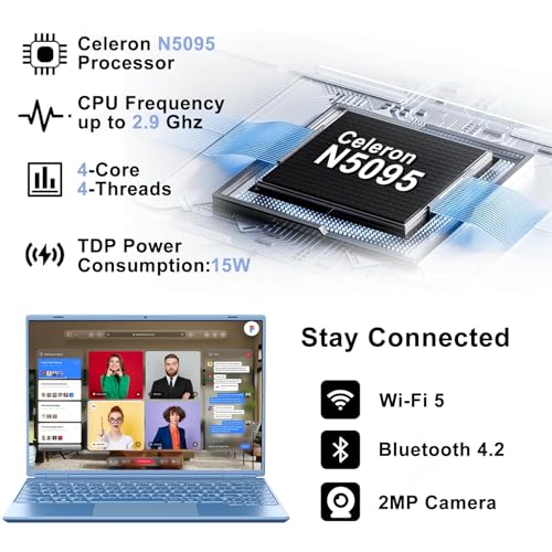 14 Inch Laptop 8GB RAM 256GB SSD Celeron N5095 Processor Chromebook, FHD 1920×1200 IPS Display, Blue Laptop with Webcam, WiFi 5, BT4.2, USB 3.0, Lightweight Business laptop, Work or Travel-Blue
