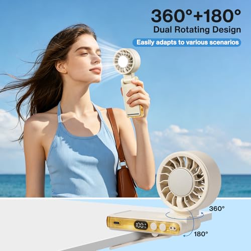 Lomffy Ventilador Portátil de Mano con Enfriador de Hielo, 6 en 1 Ventilador de Mano Turbo con clip y pantalla LED 360° 180° Giratorio Alta velocidad Ventilador Turbo Recargable Velocidad de 1 a 100