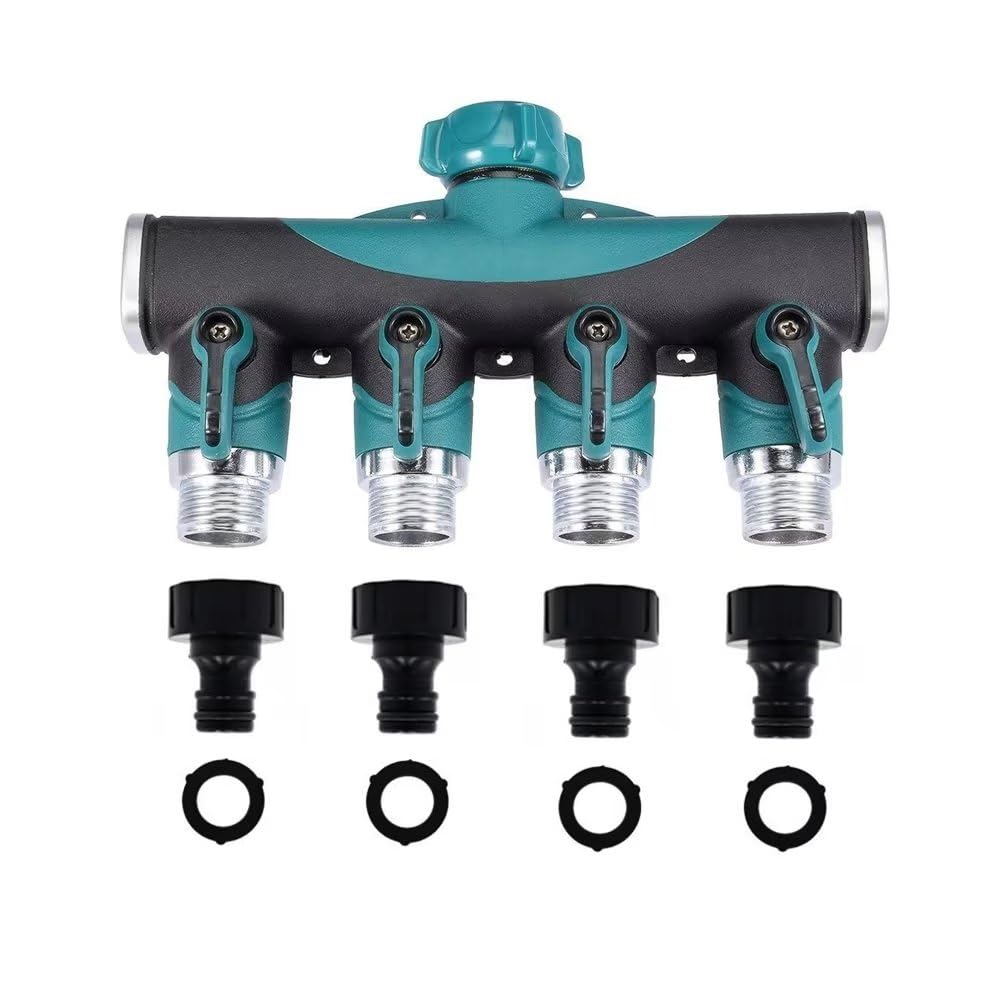 BOZONLI 4 Way Garden Hose Splitter, 3/4 Inch Zinc Alloy Garden Tap Splitter Hose Connector Tap Connector with 4 Connectors and 4 Rubber Washers