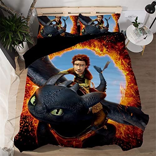 AMTAN 3D How to Train Your Dragon Duvet Cover Set Movie How to Train Your Dragon 3 Bedding Set 100% Microfiber Teen Bed Set 3pcs 1 Duvet Cover 2 Pillowcase King Queen/Full Twin Size