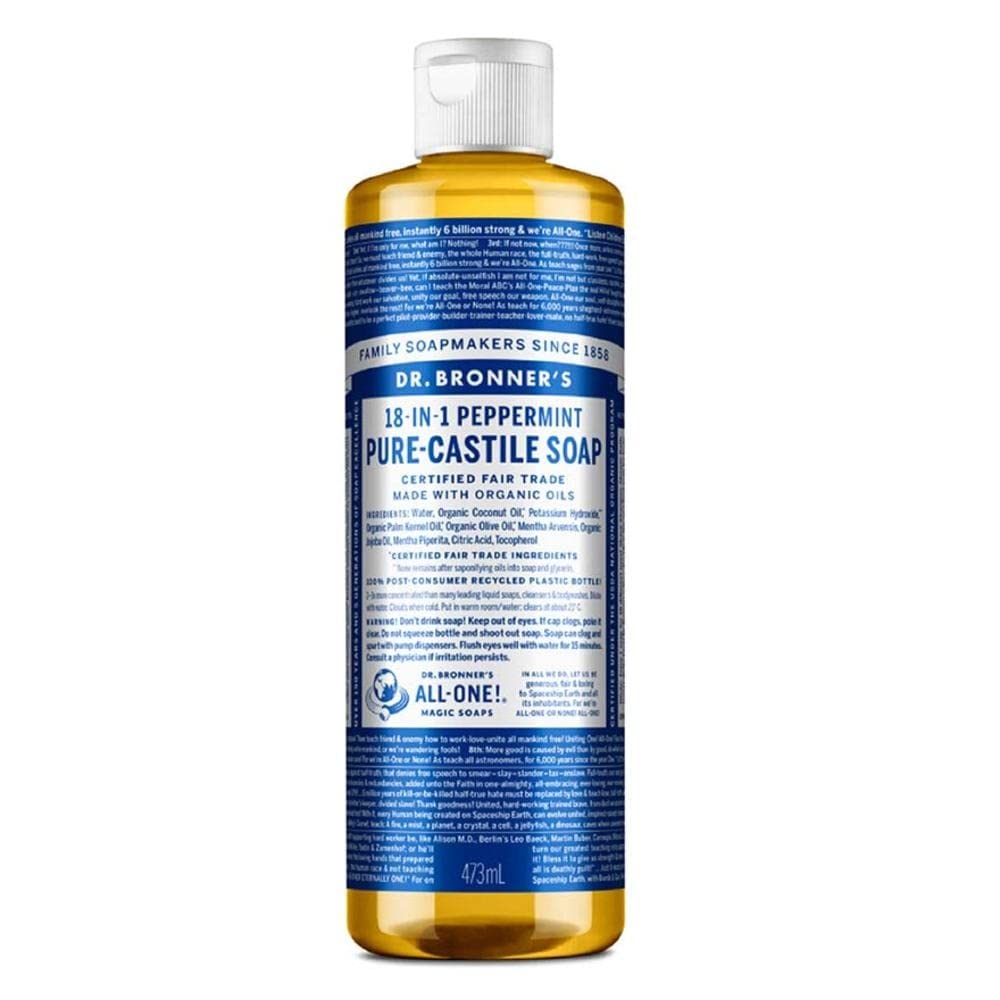 Dr Bronner's 18-in-1 Peppermint Pure-Castile Liquid Soap, Made with Organic Oils, Used for Face, Body, Hair, Laundry, Pets and Dishes, Certified Fair Trade & Vegan Friendly, 473ml Recycled Bottle