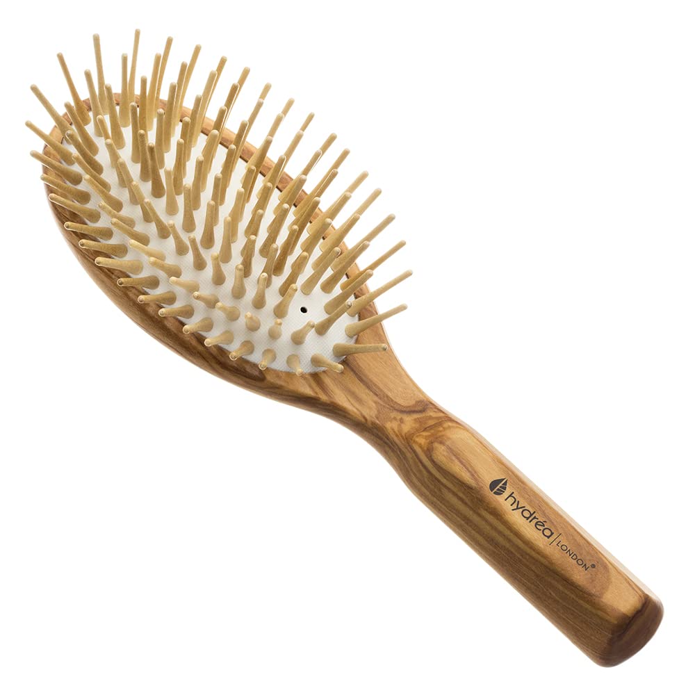 Hydréa London Olive Wood Hair Brush with Extra Long Wooden Pins & No-Pull Comfort Cushion – Luxury Anti-Static Detangler Hairbrush Designed for Women and Men