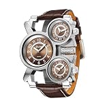 Mens Big Face Unique Military Watch - Three Brown Analog Dials, Japan Quartz & Genuine Strap