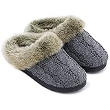 Women's Soft Yarn Cable Knitted Slippers Memory Foam Anti-Skid Sole House Shoes w/Faux Fur Collar, Indoor & Outdoor (7-8,Dark Grey)