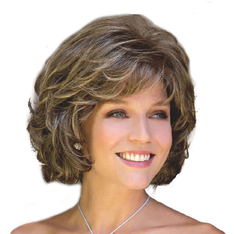 Grey Wigs for Women, Fluffy Temperament with Bangs Bob Short Curly Wig Brown Gradient Gray Thick Hair Suitable for Daily Use By Middle-Aged and Elderly Women