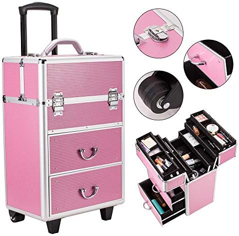 YYAO 3 in 1 Lockable Makeup Case 4 Tier Professional Aluminum Rolling Cosmetic Organizer Trolley Makeup Train Case with Extendable Trays,Pink