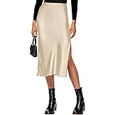VividHarbor Satin High Waisted Midi Skirt Elastic Waistband Side Slit A Line Wedding Casual Skirts for Women
