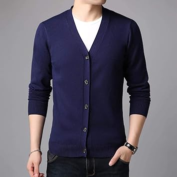 Amazon Co Jp メンズ毎日の仕事の週末活動 カジュアルなニットカーディガン ソリッドカラーの基本的なvネックシングルブレスト濃いグレー 長袖 秋と冬 ブルー Xxxl ホーム キッチン