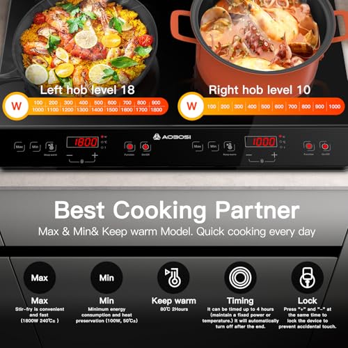 Aobosi Double Induction hob,Induction Cooker with Portable Black Glass Plate, Independent Control,One-click Max and Min Power Control 2800W,20 Temperature Setting[Upgrade],Safety Lock,4-Hour Timer