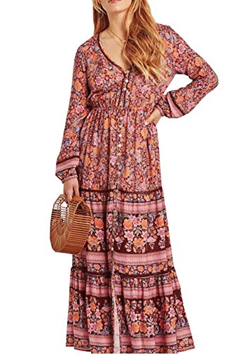 R.Vivimos Women Spring Long Sleeve V Neck Floral Print Buttons Up Casual Long Dresses (XS, Deep Red)