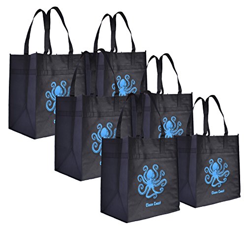 Reusable Grocery Shopping Tote Bags (6 Pack, Black With Blue Octopus)