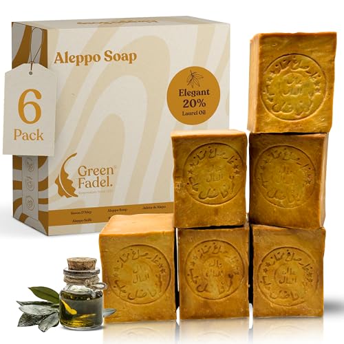 Green Fadel Aleppo Seife Original, 20% Lorbeeröl, 80% Olivenöl, 6 X Ca. 200G (Elegant), Olivenölseife, Naturseife, Kernseife, Handgemacht, Vegan