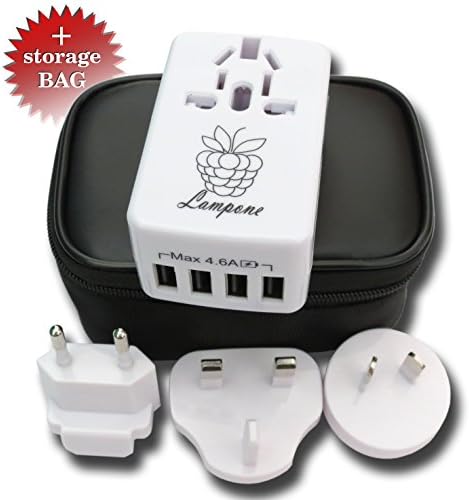Travel Adapter Power Converter Lampone 4500mA - International Plug for Europe Italy Germany France Spain USA UK Australia - with 4 Port USB Wall Charging - Bonus Storage Bag