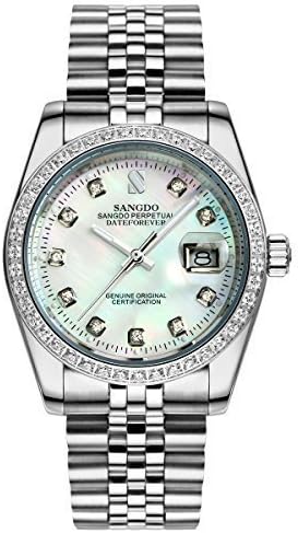 Topwatch® Sangdo Men Diamond-Accented Bezel White Dial Silver Band Automatic Mechanical Watch