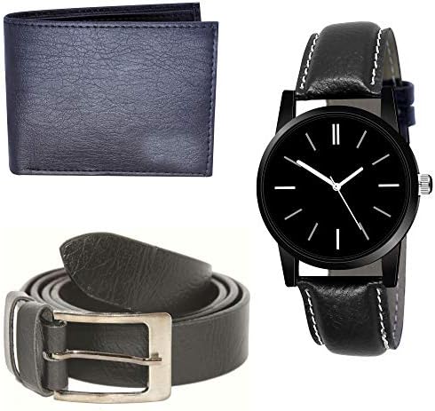 Xforia Stylish 3 Pcs Combo Gift Set of Black Mens Leather Belt, Wallet & Analog Watch - XF_WBW_648