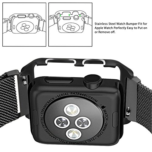 Apple Watch Band with Metal Case 38mm, Shockproof Protective Screen Bumper w Anti-scratch Soft Rubber Lining, Milanese Loop Magnetic Mesh Stainless Steel for iWatch Sport & Edition - Black