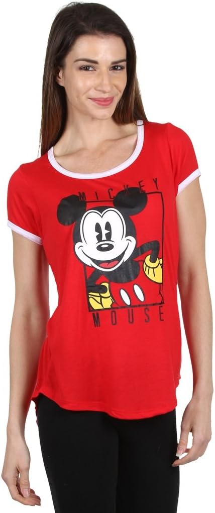 Disney Women's Mickey Mouse Portrait Ringer Red Shirt