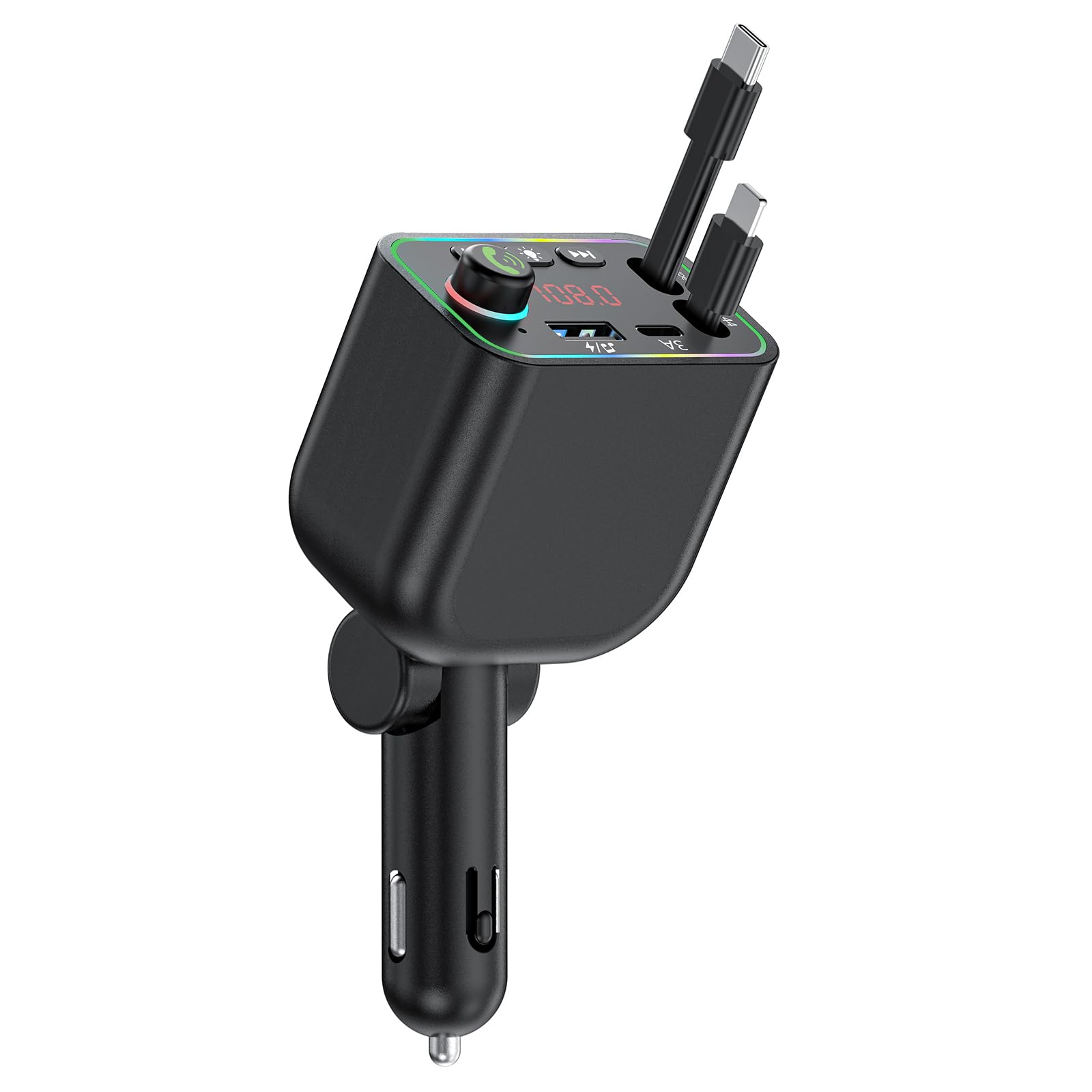 Photo 1 of Vitog Retractable Car Charger, Wireless Bluetooth 5.3 FM Transmitter 100W USB C 4 in 1 Fast Car Charger Adapter,iPhone 16 Fast Charging-for iPhone 16 15 14 13 12 Android