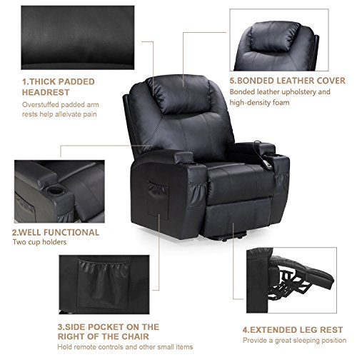 Power Lift Recliner Sofa Chair with Massage and Heating, Luxurious Bonded Leather Lounge Living Room Chair, Black