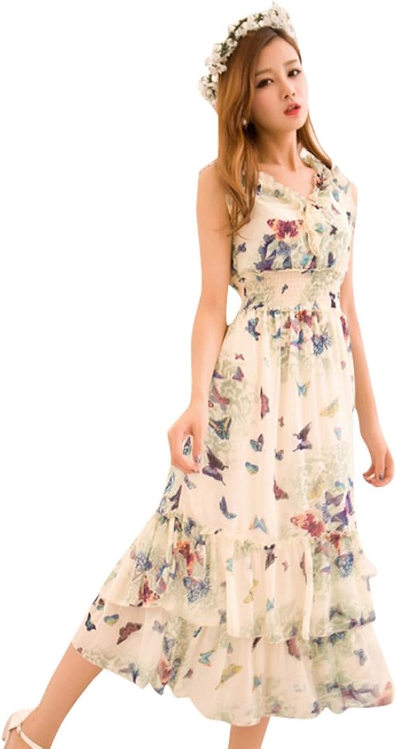 Amazon Co Jp レディース ワンピース マキシワンピース シフォンスカート マキシ丈 花柄 ロング丈 ふんわり 上質 蝶々 春 夏 ノースリーブ シフォン ビーチ リゾートワンピースリゾート 海 海外旅行 エレガント エンパイア きれいめ M ブルー 服 ファッション小物