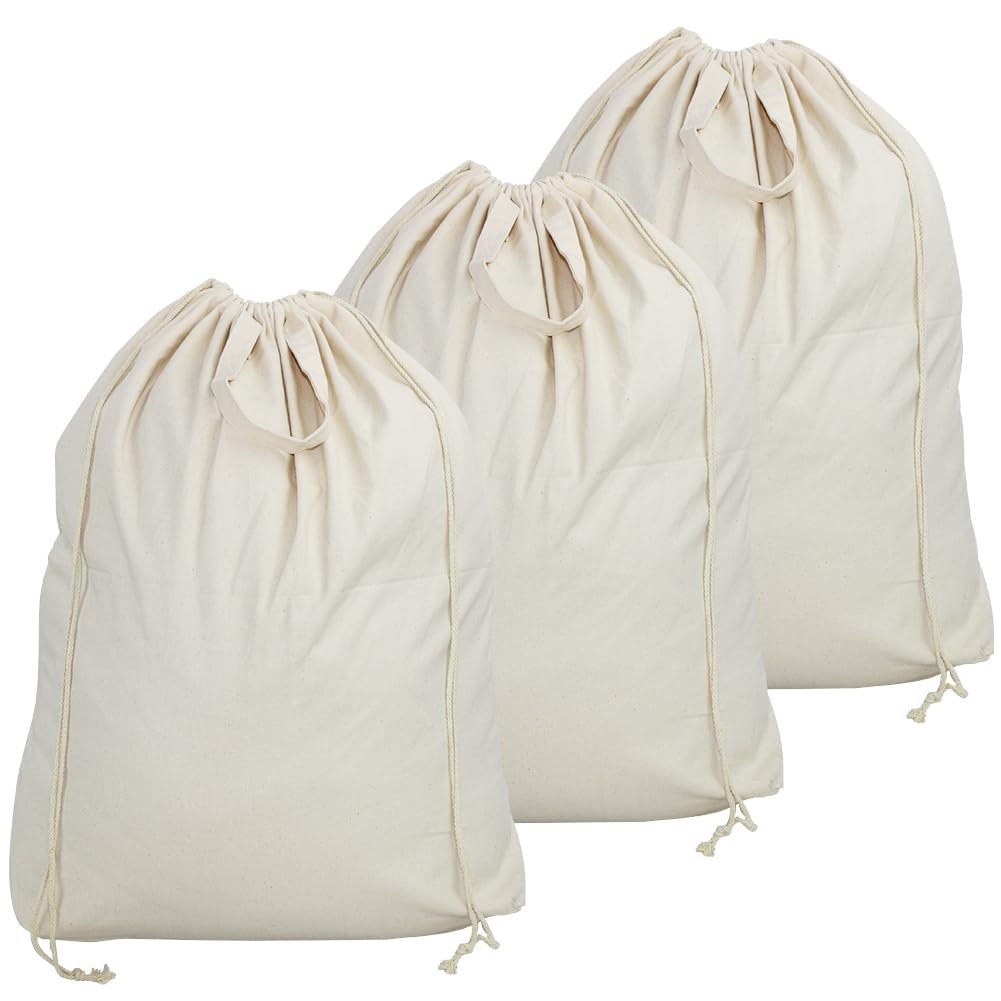 Ultra Large (90cm Height) 3-Pack, Natural Cotton Breathable Canvas Laundry Bags with Shoulder Straps, Laundry Basket Hamper Linning Replacement Bags for College Dormitory, Apartment, Laundromat