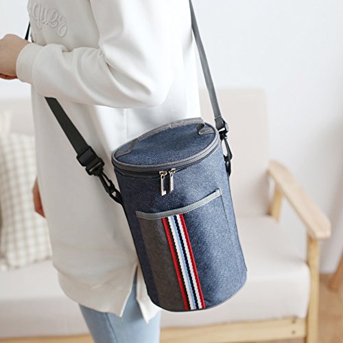 Insulated Lunch Bag Cooler Tote Bags For Women Men Kids, Travel Picnic Foods Box Drinks Thermal Carry Bag Container Organizer Case Handbag (Cylinder-Blue&Grey, 8x9inch) - Thumbnail 2