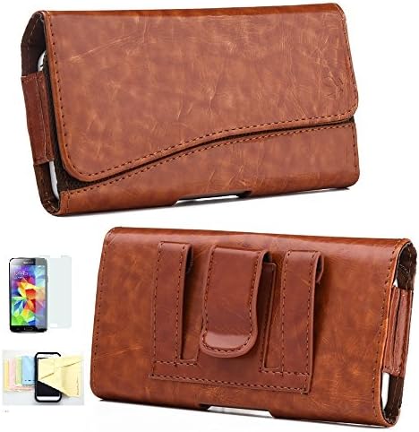 Samsung Galaxy S6 Horizontal PU Leather Case Pouch Holster with Magnetic Closure Belt Clip,Belt Loops Momiji [Screen Guard] Protector, Cleaning Cloth (Brown)