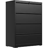 4 Drawer Lateral File Cabinet, Metal Filing Cabinet for Home Office, Black | Heavy-Duty Steel Locking Large File Cabinet, Hanging Letter/Legal/A4 Size, Full-Extension Silent Drawer, Un-Assembly